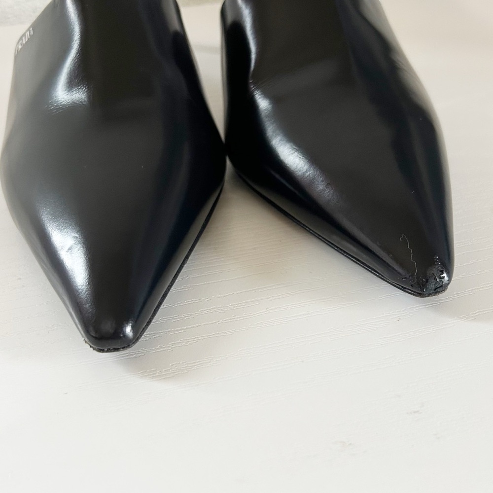 Prada Black Leather Pointed Toe Kitten Heel Mules Size EU 36.5 - Picture 4 of 12